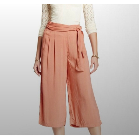 Free People Large Pants Women's Orange‎ Coral Tie Waist Gaucho Cropped Wide Leg - Picture 1 of 8